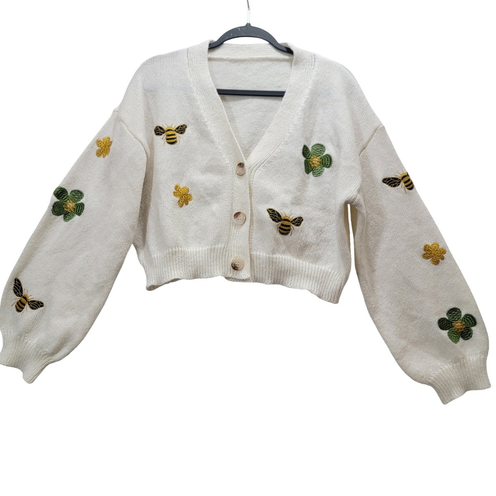 Romwe Embroidered Bee Flower Cropped Cardigan Sweater XL Cottagecore‎ Peasant
